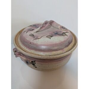 Studio Pottery Lidded Casserole Dish Signed Floral Stoneware Pink Lavender 9.5"